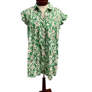 Fate Green Floral Dress Size Small Short Lightweight Cotton Ruffle Sleeve